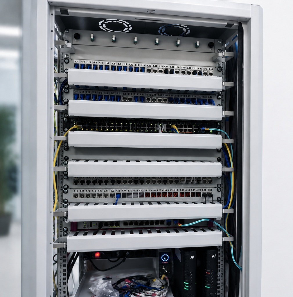 Netzwerkschrank mit strukturierter Netzwerkverkabelung und Netzwerkkomponenten von RM Tech