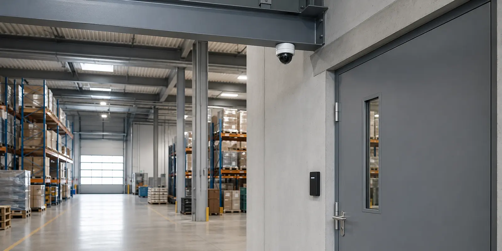 Überwachungskamera und elektronischer Zutrittsleser in einer modernen Lagerhalle